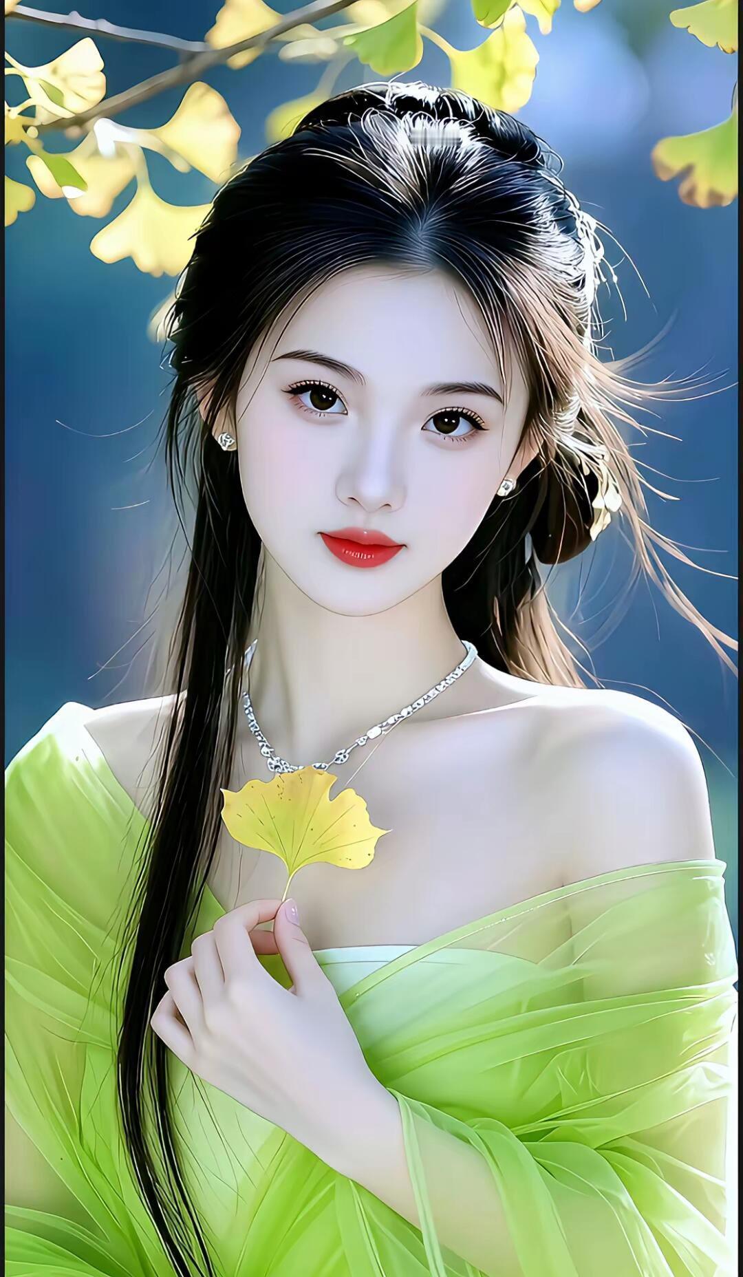 秋意渐浓，少女轻抚落叶，唯美动人。