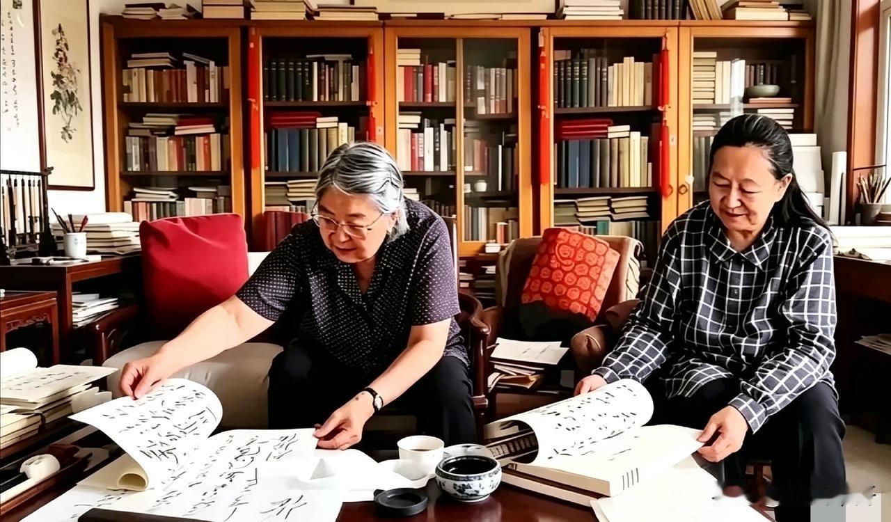 李敏和李讷两姐妹，正坐在书房里，一块儿翻看父亲毛泽东留下的书法手稿。满墙的大书柜