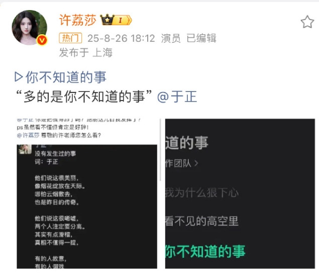 许荔莎又发文@于正了