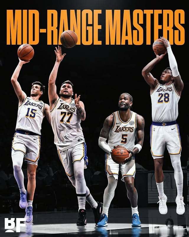 中投大队！湖人独占联盟中距离命中率榜前10席中的4席！🔸东契奇：高居榜首，4