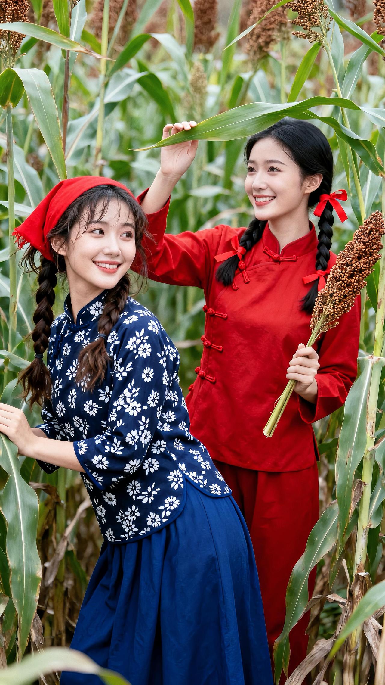 田园少女与玉米田的甜美邂逅🌽💕绿色与红色棉麻套装裙乡村田野美少女田园风