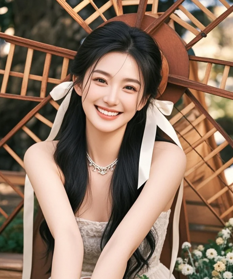美女在古老风车前，仿佛时光倒流，邂逅了百年前的浪漫。
