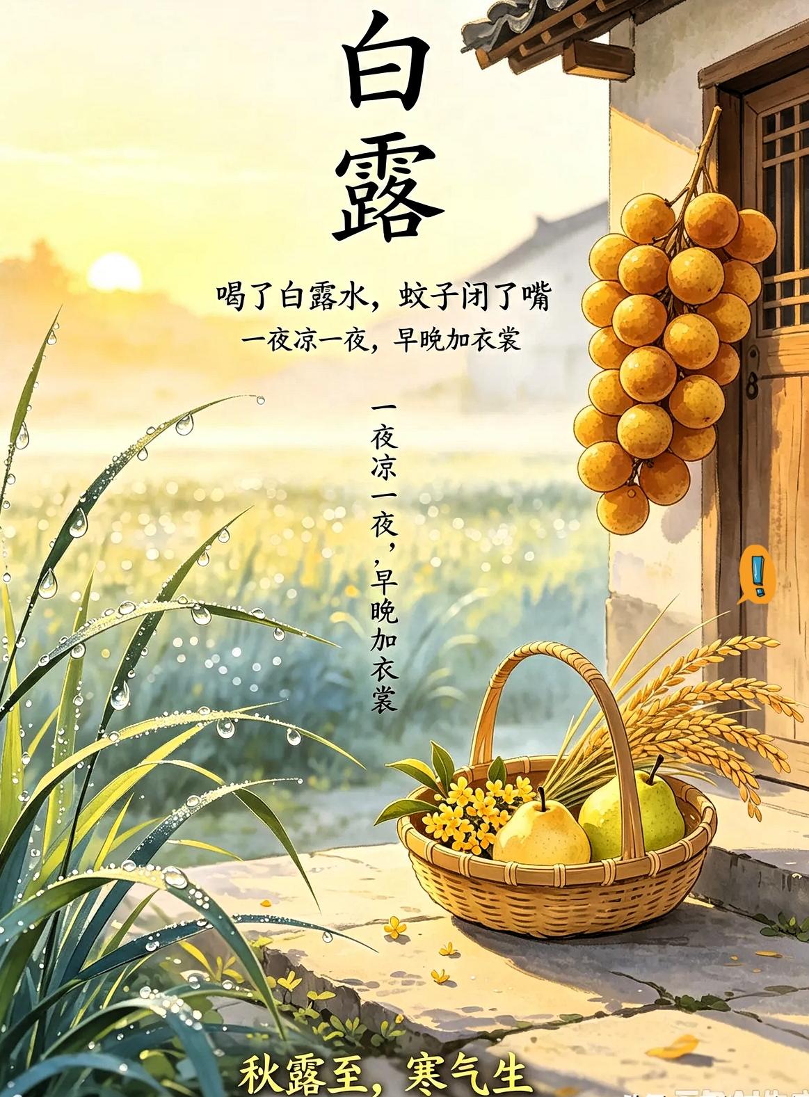 三天后白露，要变天了老辈流传几句白露老话，特别准。喝了白露水，蚊子闭