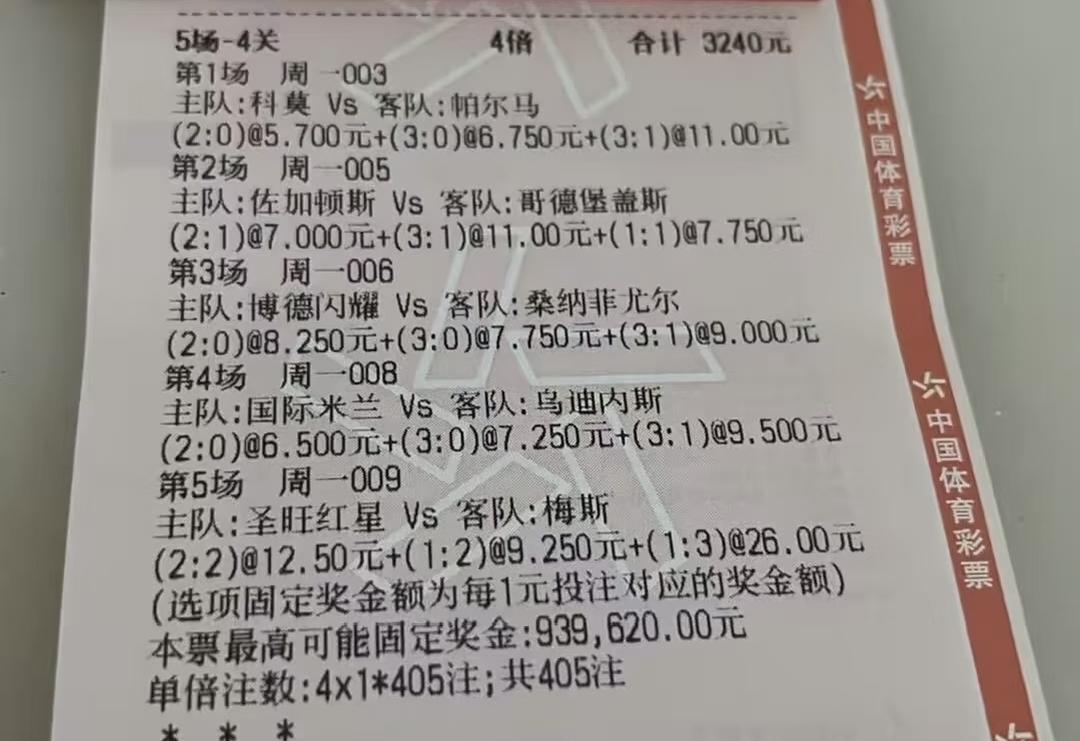 看到这张彩票，你就知道猜比分有多难了！3240元的票，15个比分选项，结果完美