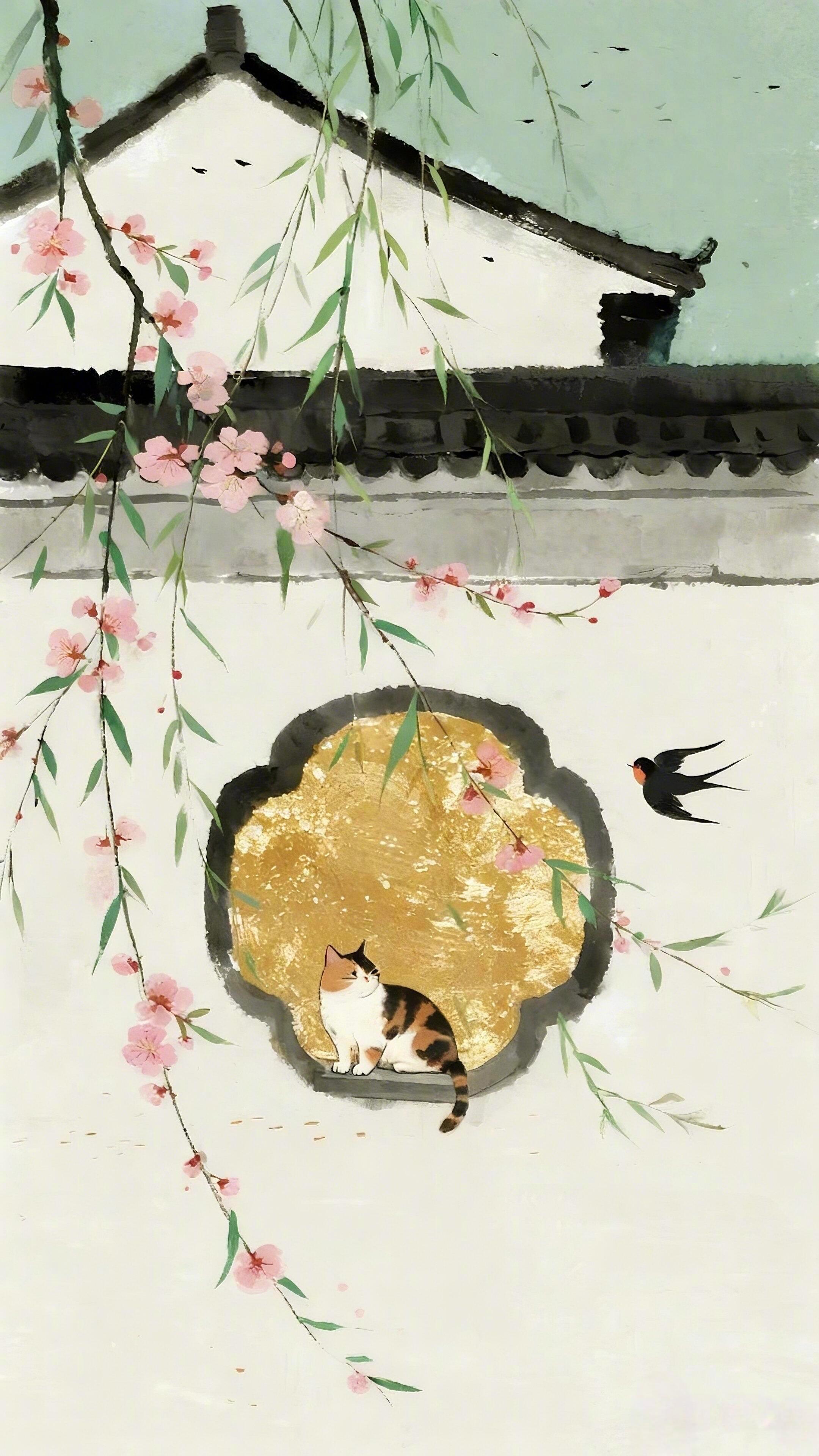 猫咪、飞燕与花窗。