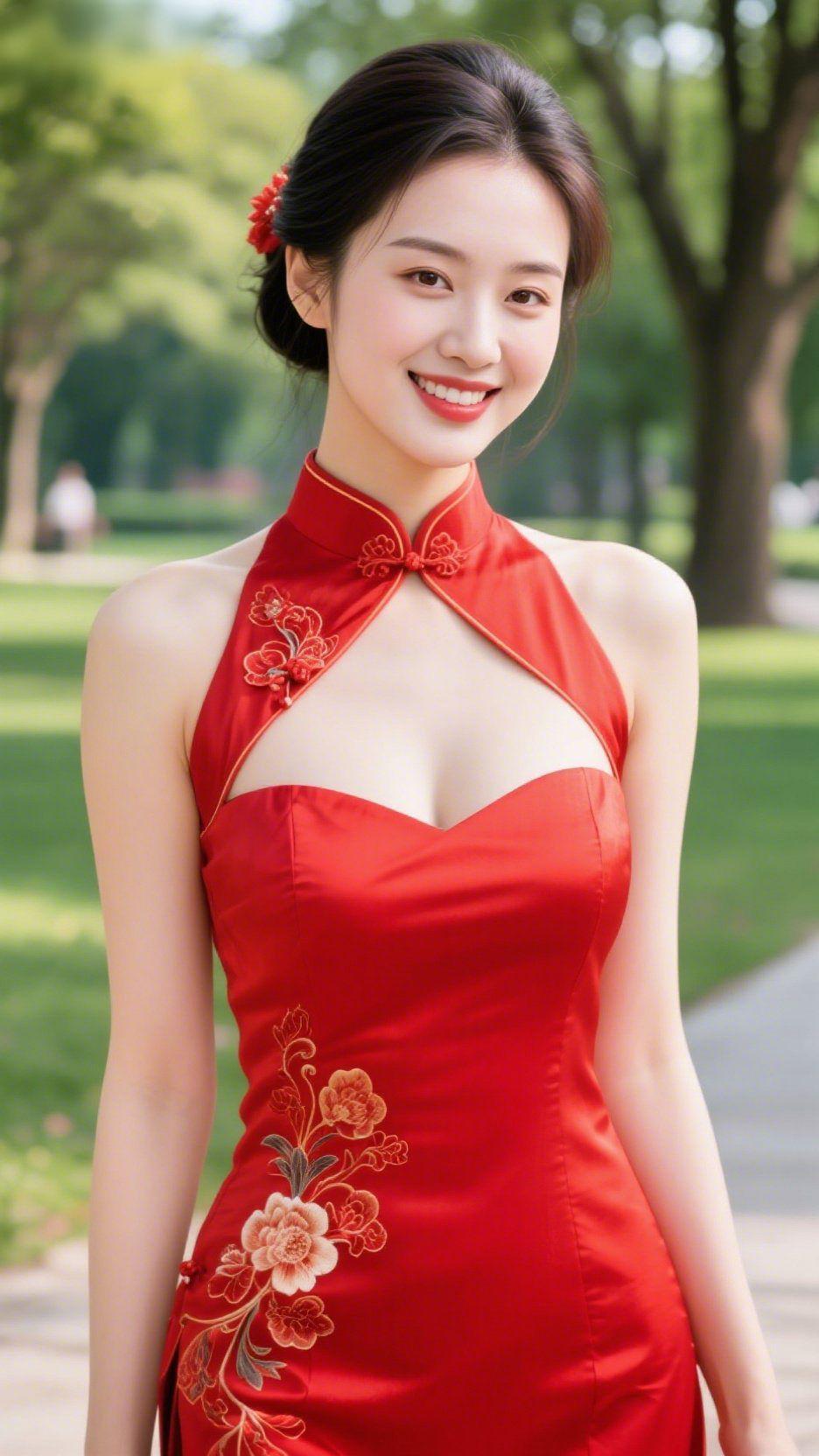 红旗袍映满园春夏日的公园，浓荫叠翠，光影透过枝叶筛下细碎的光斑。一袭正红旗