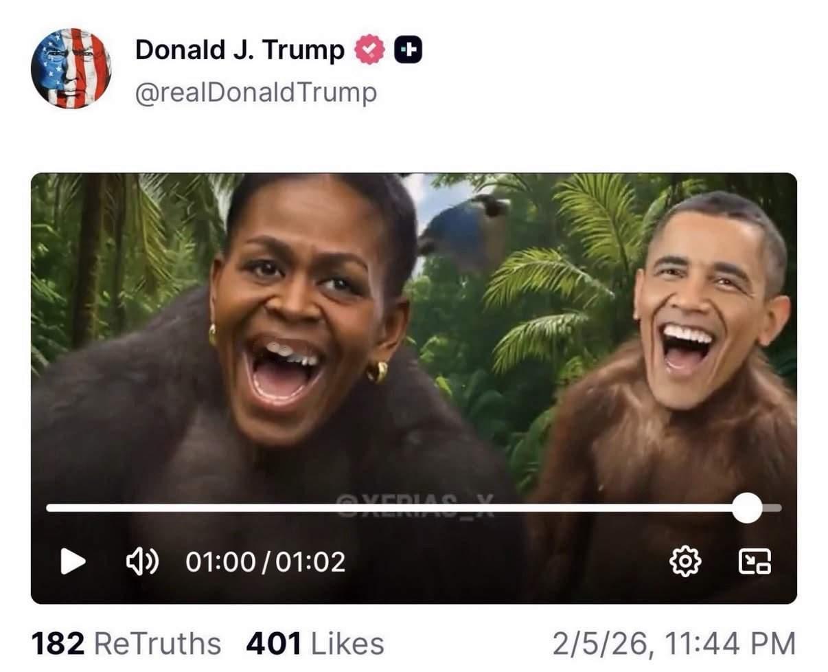 特朗普在社交媒体上把奥巴马夫妻p成猴子了。你能想象吗？这是一个国家总统干出来