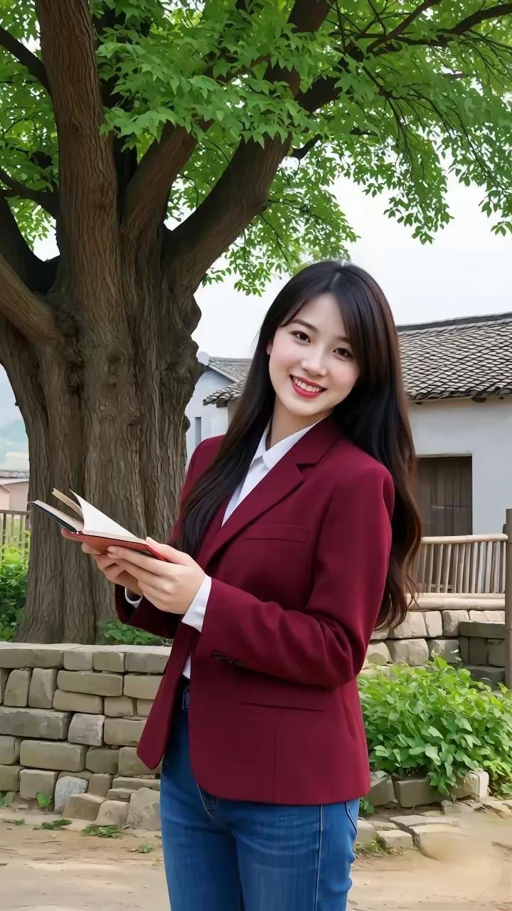在古朴的庭院中，优雅的少女手捧书卷，微笑如春风。
