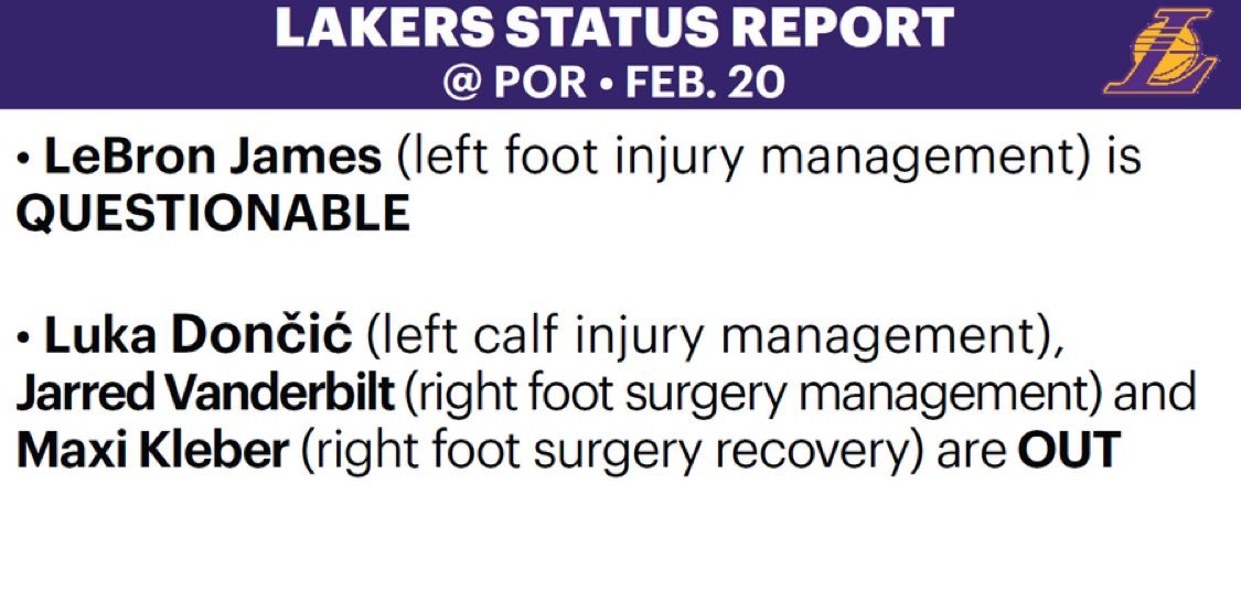 湖人队伤病报告：詹姆斯（左脚伤病管理）出战成疑；东契奇（左小腿伤病管理）、范德比