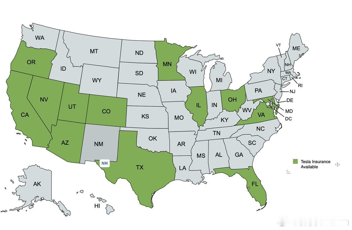 特斯拉保险业务在美国也逐渐扩张，刚刚在佛罗里达正式上线了，绿色范围是目前可用的州
