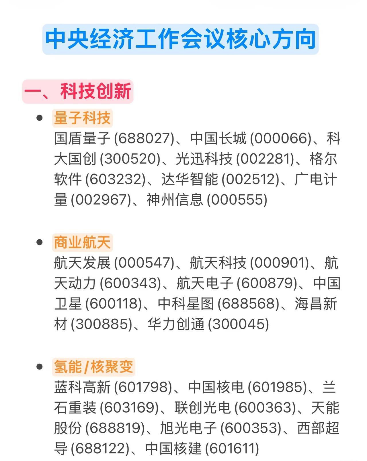 经济工作会议相关内容围绕五大核心方向展开，涵盖科技创新、扩大内需、民生普惠、防风