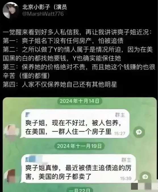 网友爆料爽子姐在美国被追债，名下没有资产了，以后只能做Y氏富豪的情人，靠他家来保