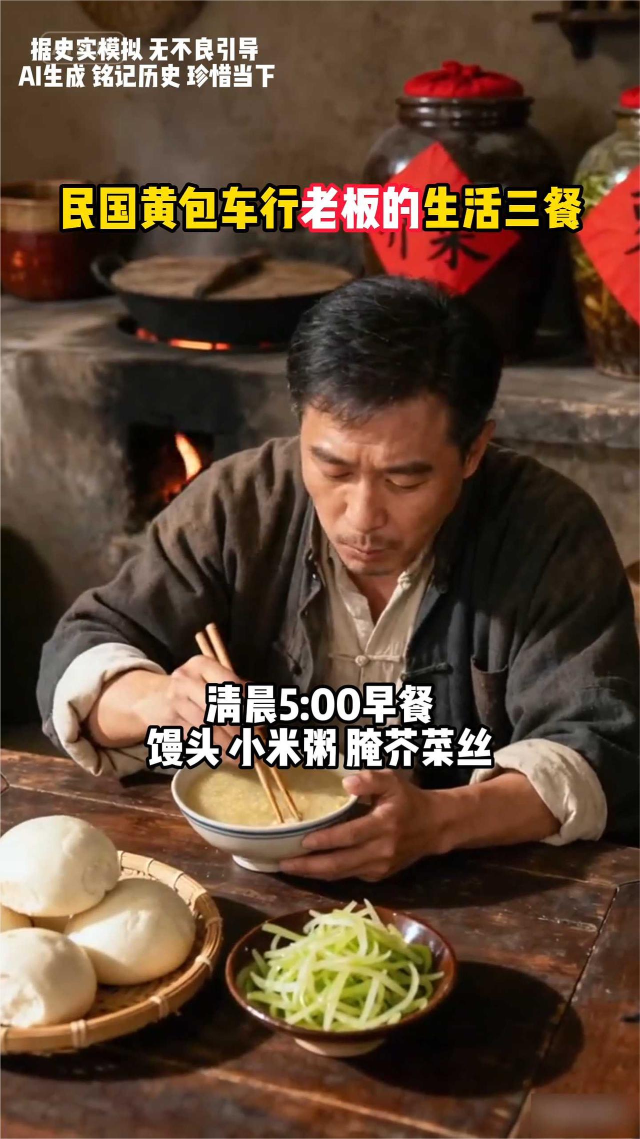 民国黄包车行老板的生活三餐。·清晨5：00早餐：馒头、小米粥、腌芥菜丝。·上