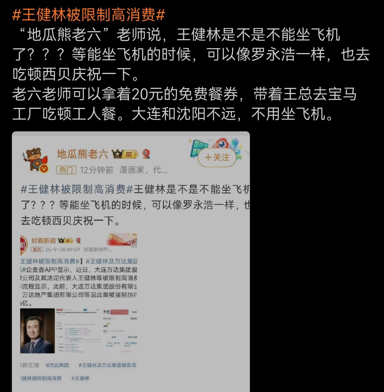王健林被限高不能坐飞机了？那坐私人飞机应该可以吧？