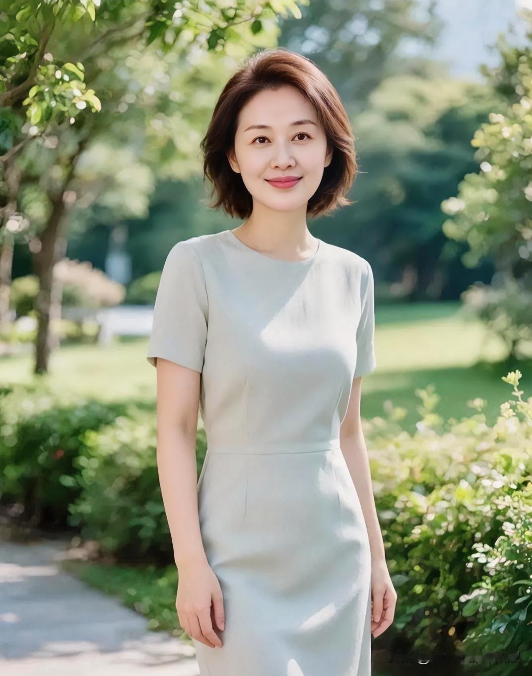 浅绿裙装简约修身，短发微卷，林荫小径间浅笑盈盈，尽显温婉从容的优雅气质。