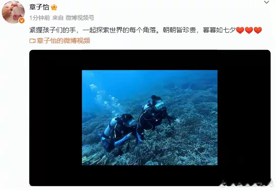 章子怡带儿女过七夕，和醒醒手牵手潜水，俩孩子跟着亲妈都好活泼！​​​