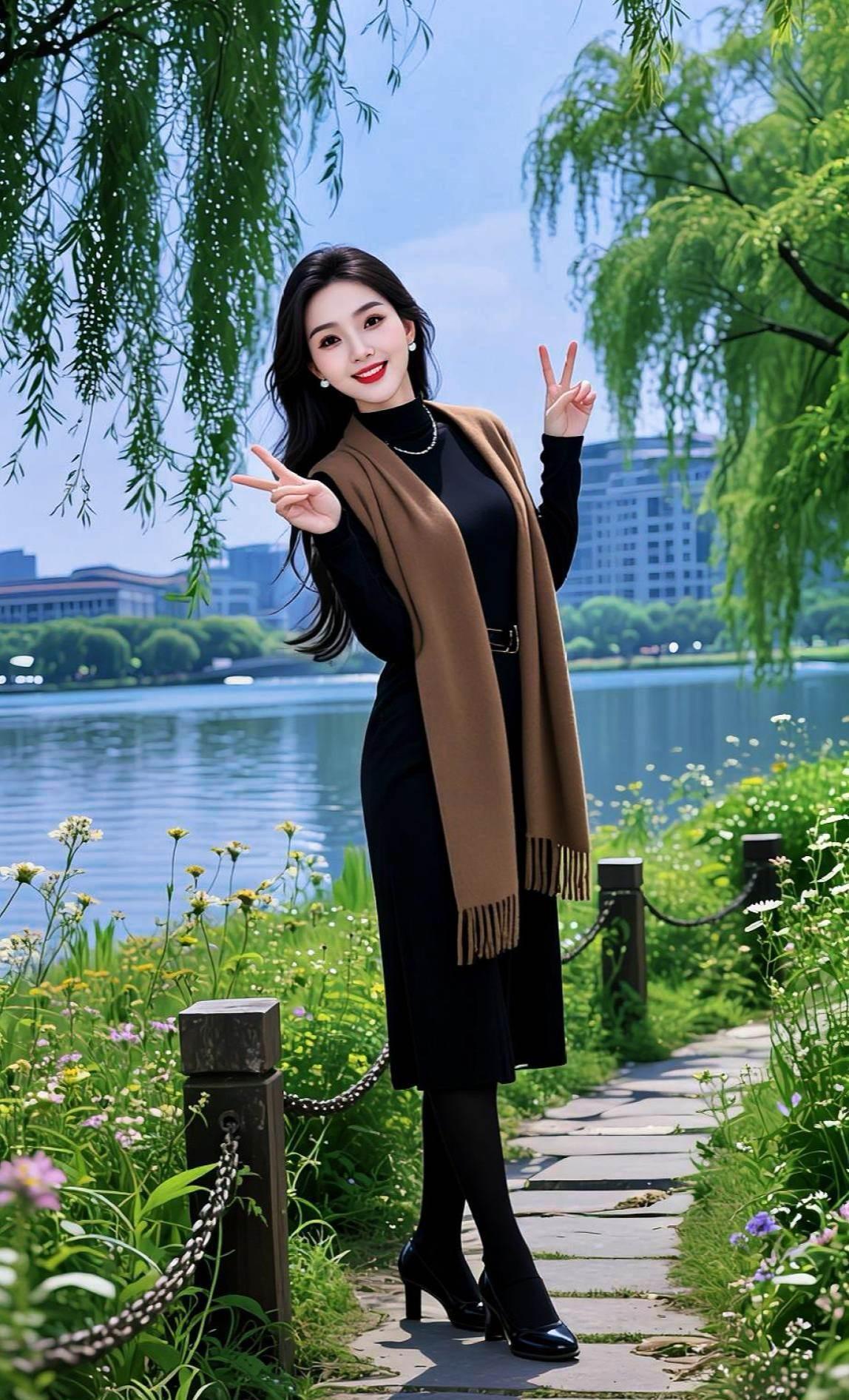 优雅漫步在湖畔，暖阳下的时尚穿搭