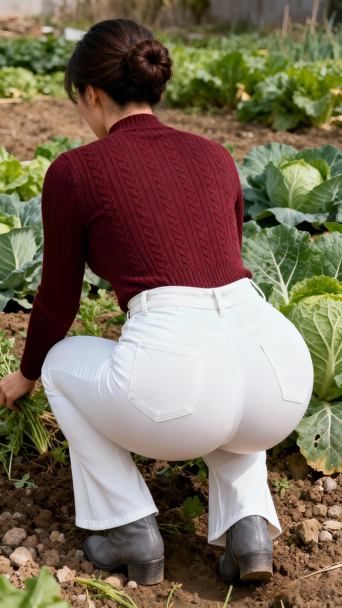 泥土的气息裹着晨露漫开，深褐的土地上，菜叶舒展着青绿的脉络。暗红针织衫的纹路与泥