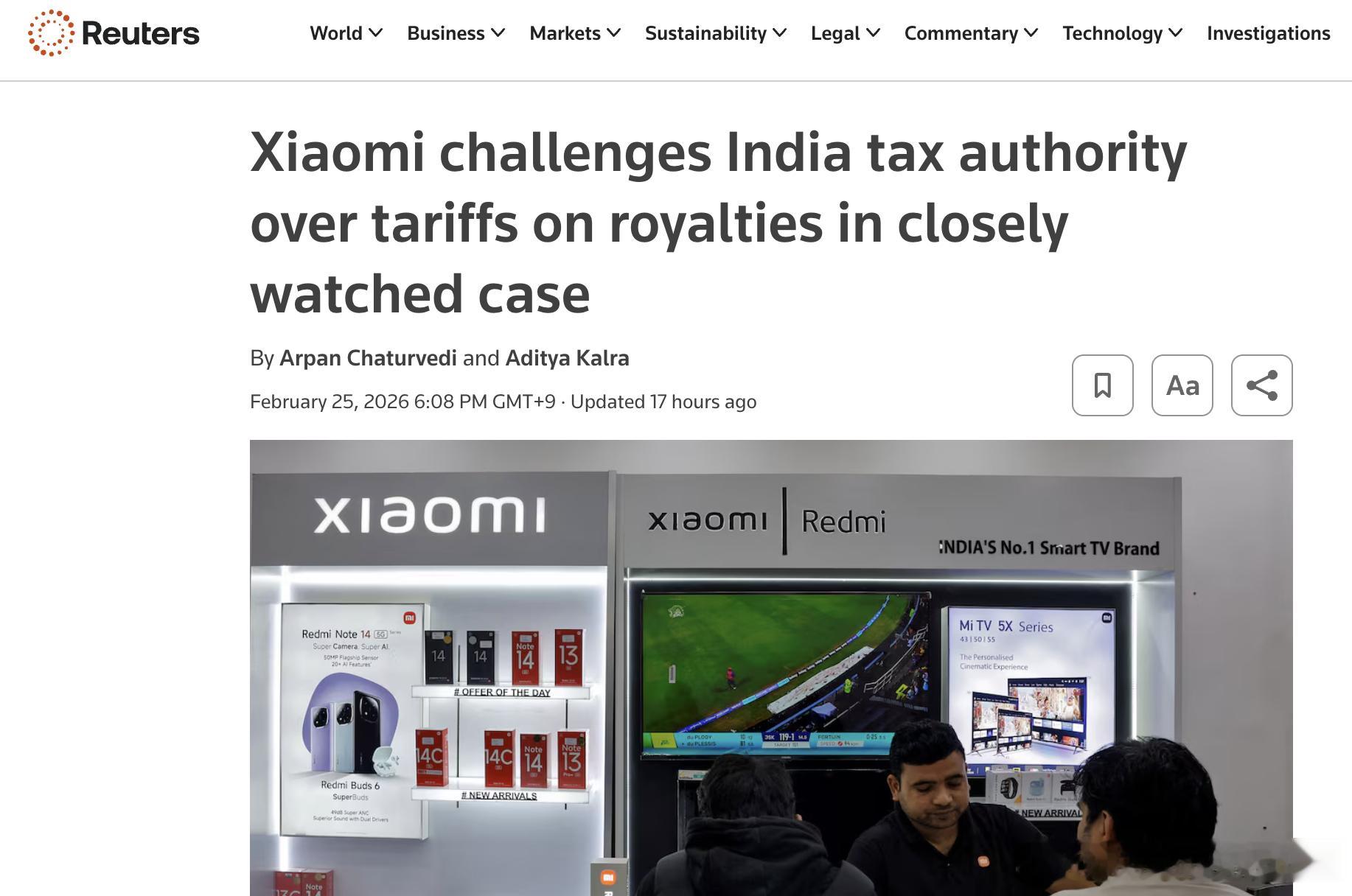 Will的小米基本面研究路透社2月25日报道，小米就印度税务法庭裁定其7200