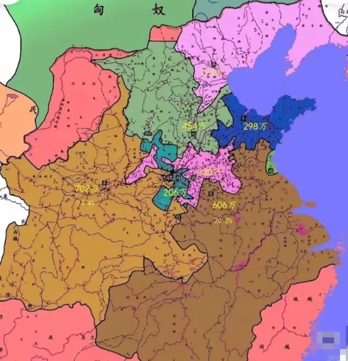 公元前255年的各国人口：秦国702万，楚国606万，魏国530万，赵国