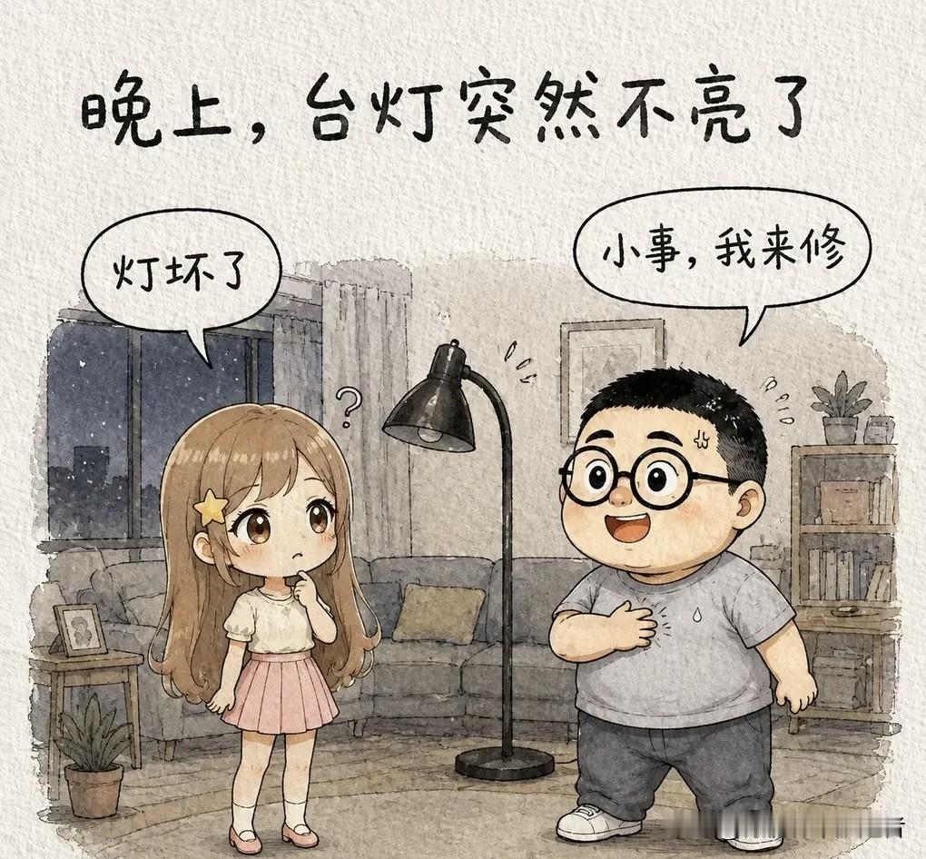 趣味漫画：晚上，台灯突然不亮了。老婆：“灯坏了。”老公拍胸脯：“小事，我来修。”