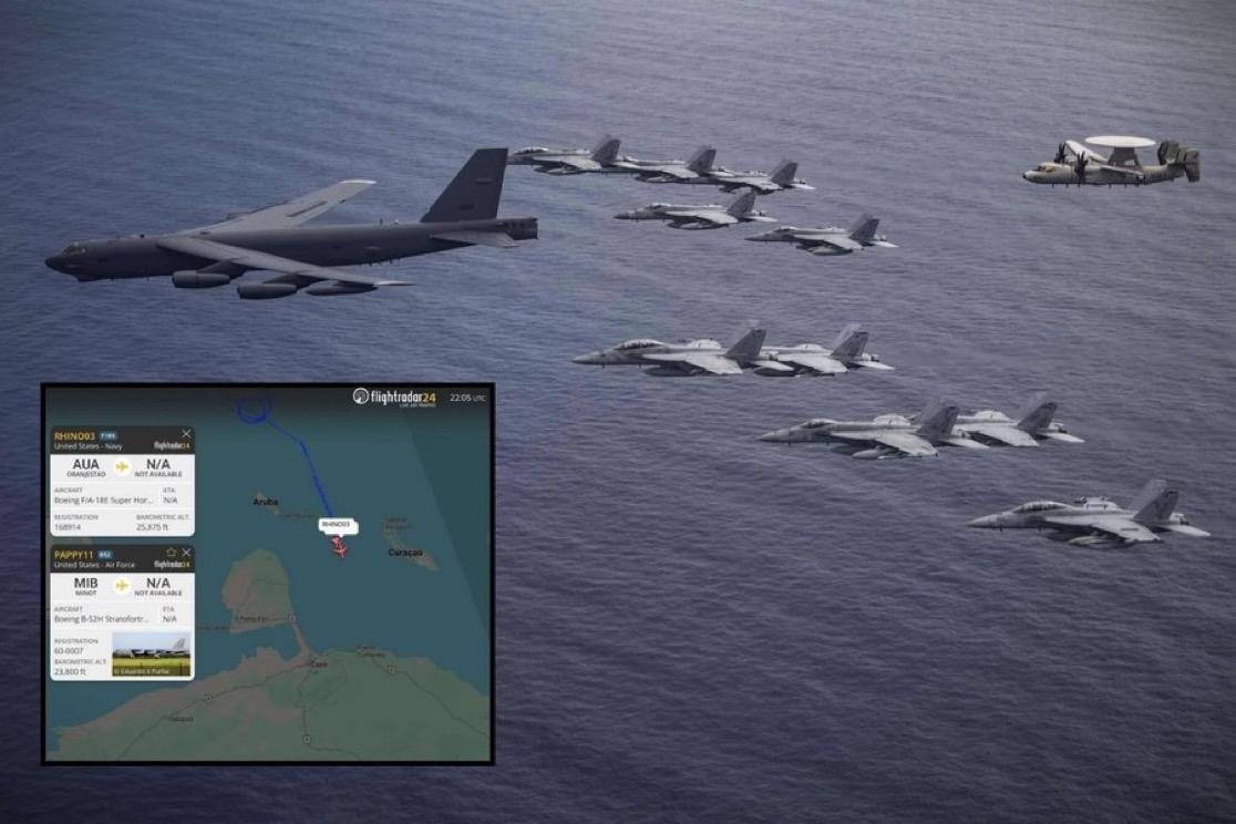 一架B-52轰炸机刚刚在委内瑞拉海岸附近盘旋，这不正常。在一次极其罕见的深夜炫