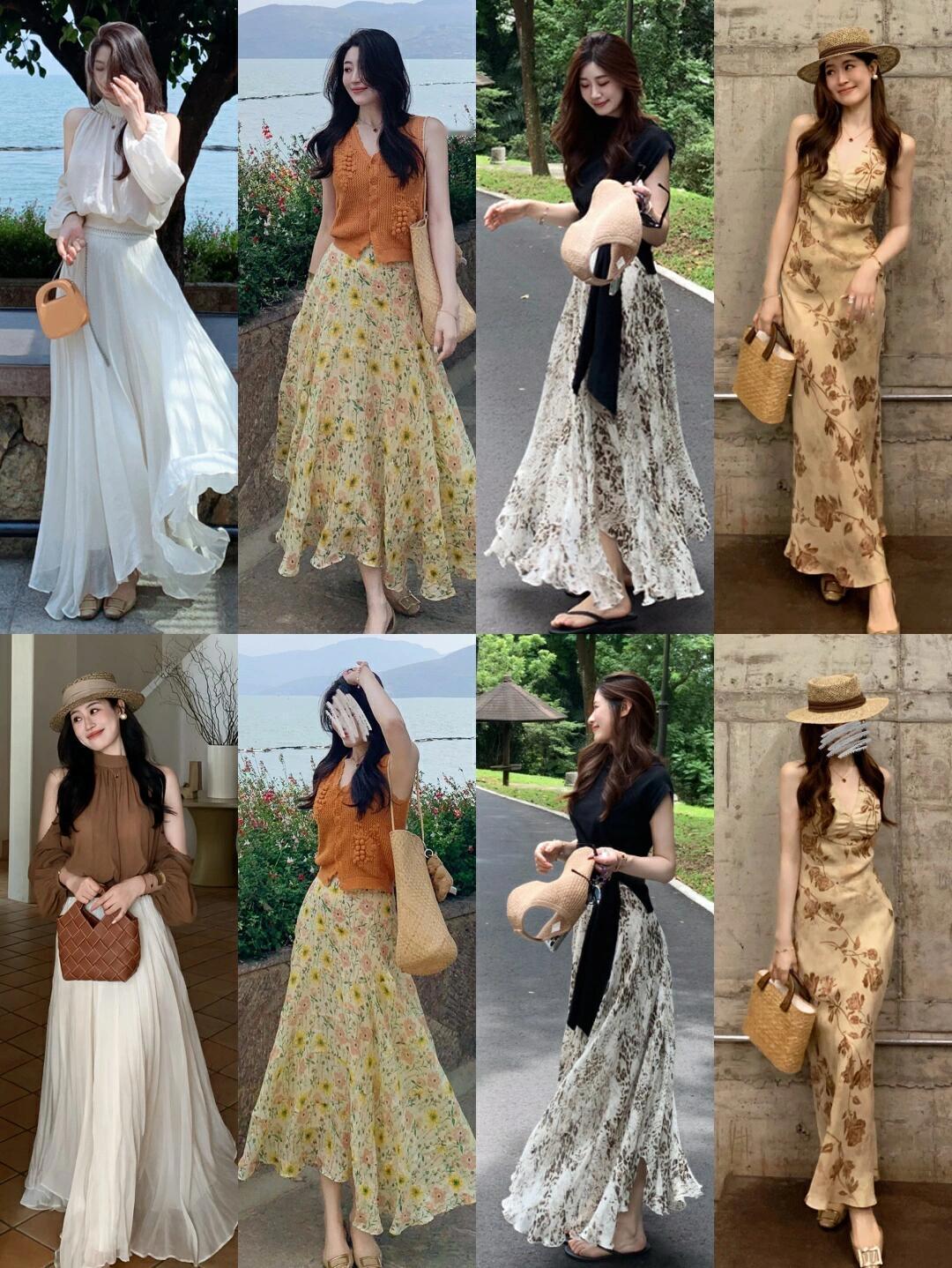 这样穿太优雅了！轻盈飘逸的雪纺长裙、碎花半裙和温柔挂脖上衣，搭配草编包与草帽，