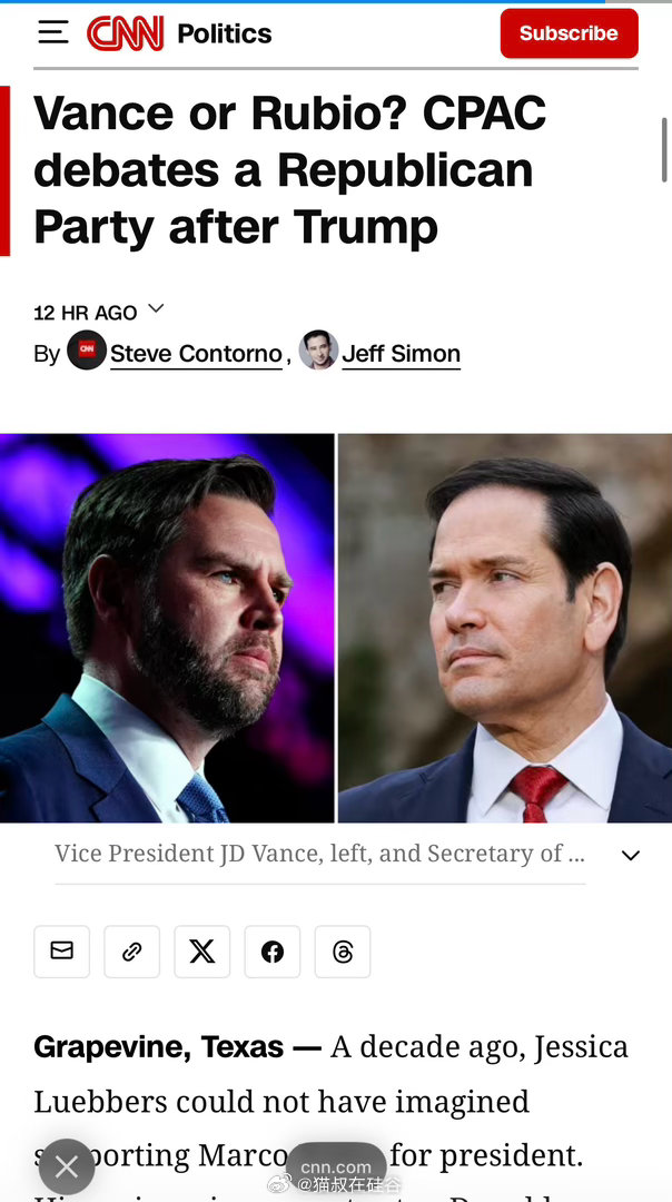 保守派政治行动会议（CPAC）2026年年度草根民调结果于周六公布，美国副总统J