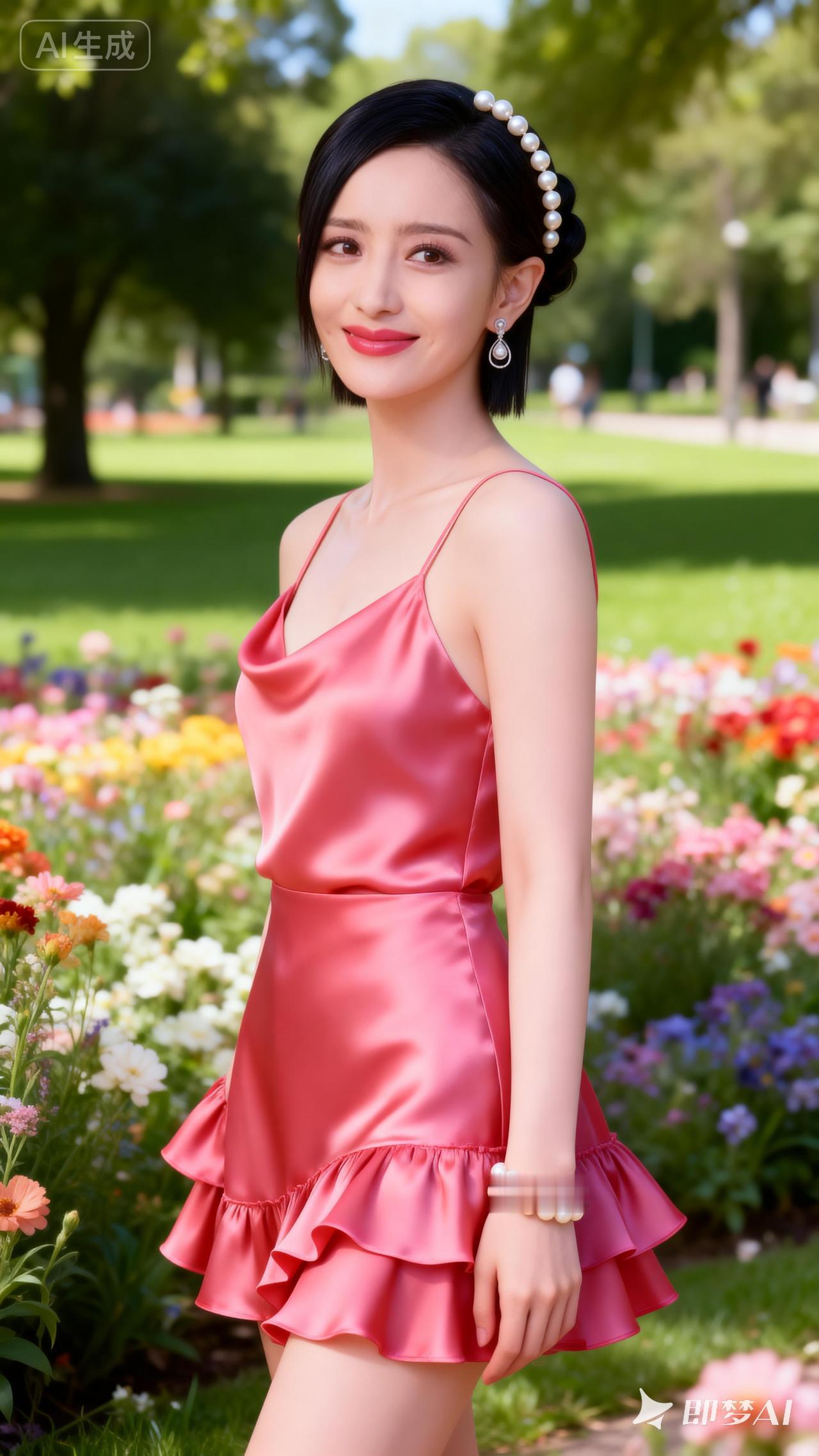 粉嫩连衣裙，夏日花园里的甜美少女