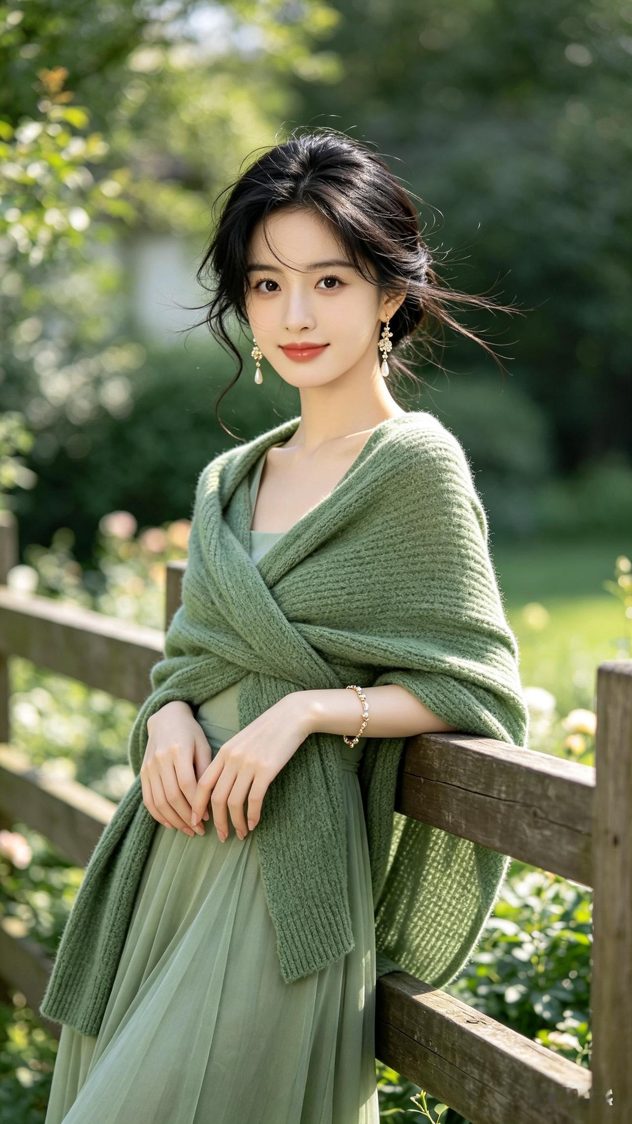 盘发少女发丝微扬，冷白陶瓷肌肤骨相精致，长裙外搭绿针织披肩，配饰雅致。木栅栏为衬