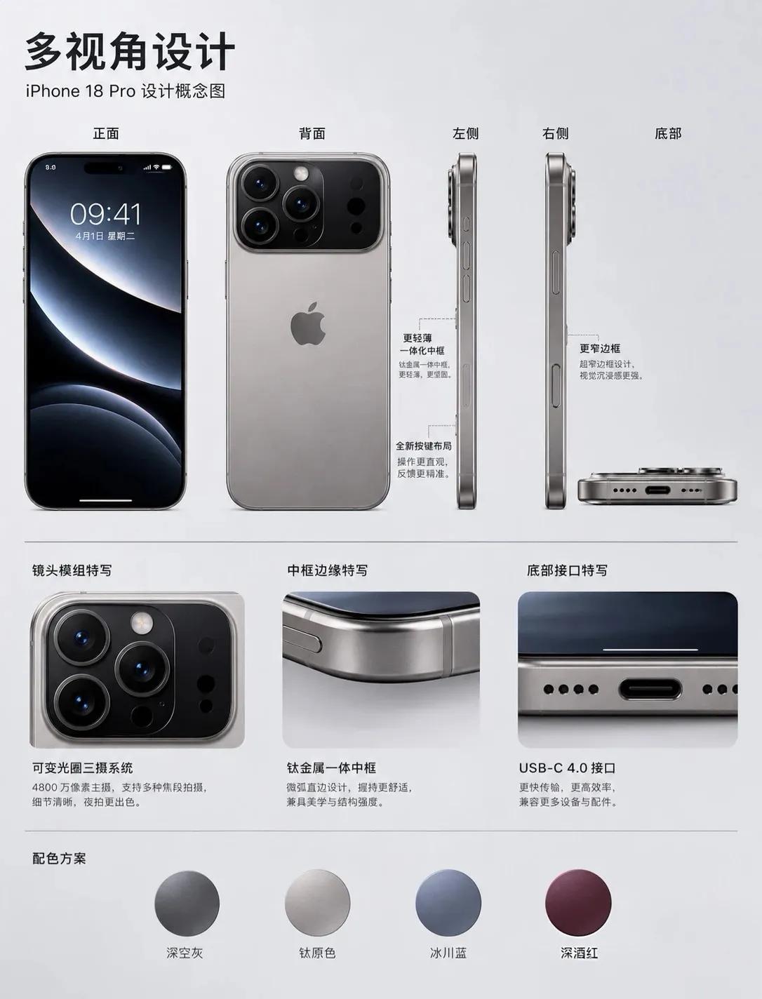 新鲜出炉一组iPhone18Pro概念渲染，整合现有爆料信息打磨设计：超窄