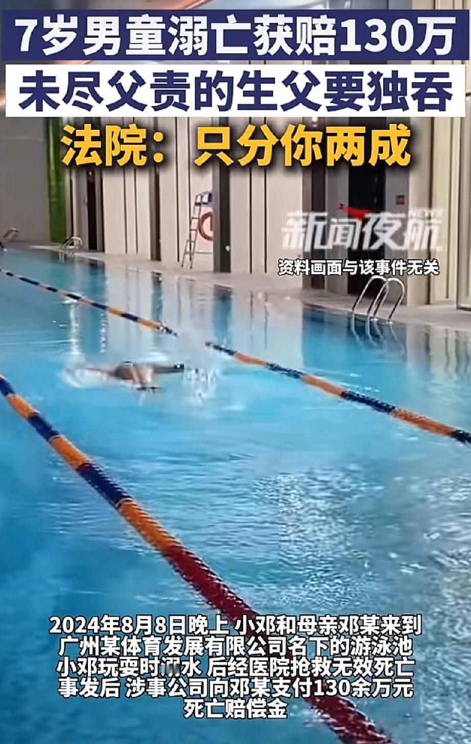2024年8月，广州一名7岁男孩和母亲去游泳馆游泳时溺水身亡，游泳馆向母亲赔偿了