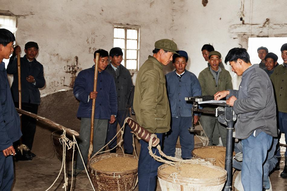 这张照片还原了过去农民交公粮的日常场景，简陋的室内空间里，几位农民或提着装满粮食