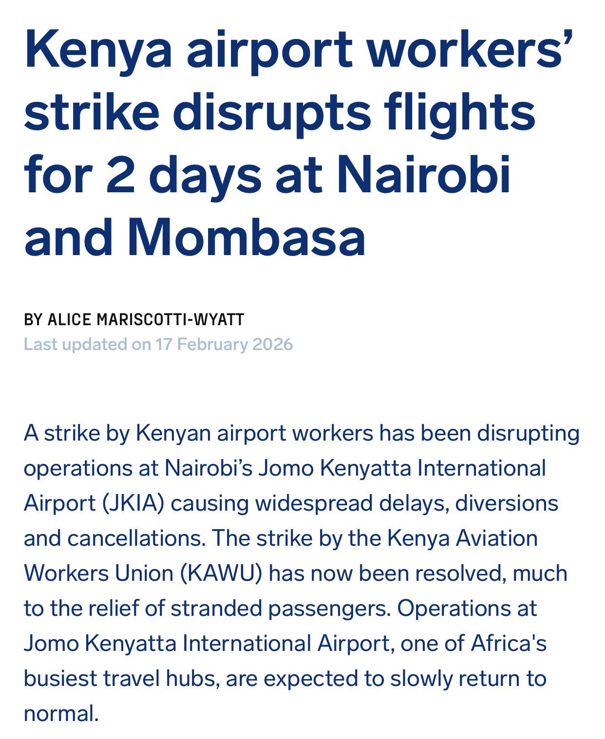 肯尼亚机场罢工记2月16日清晨，内罗毕的乔莫·肯雅塔国际机场，像被鬼掐了脖子