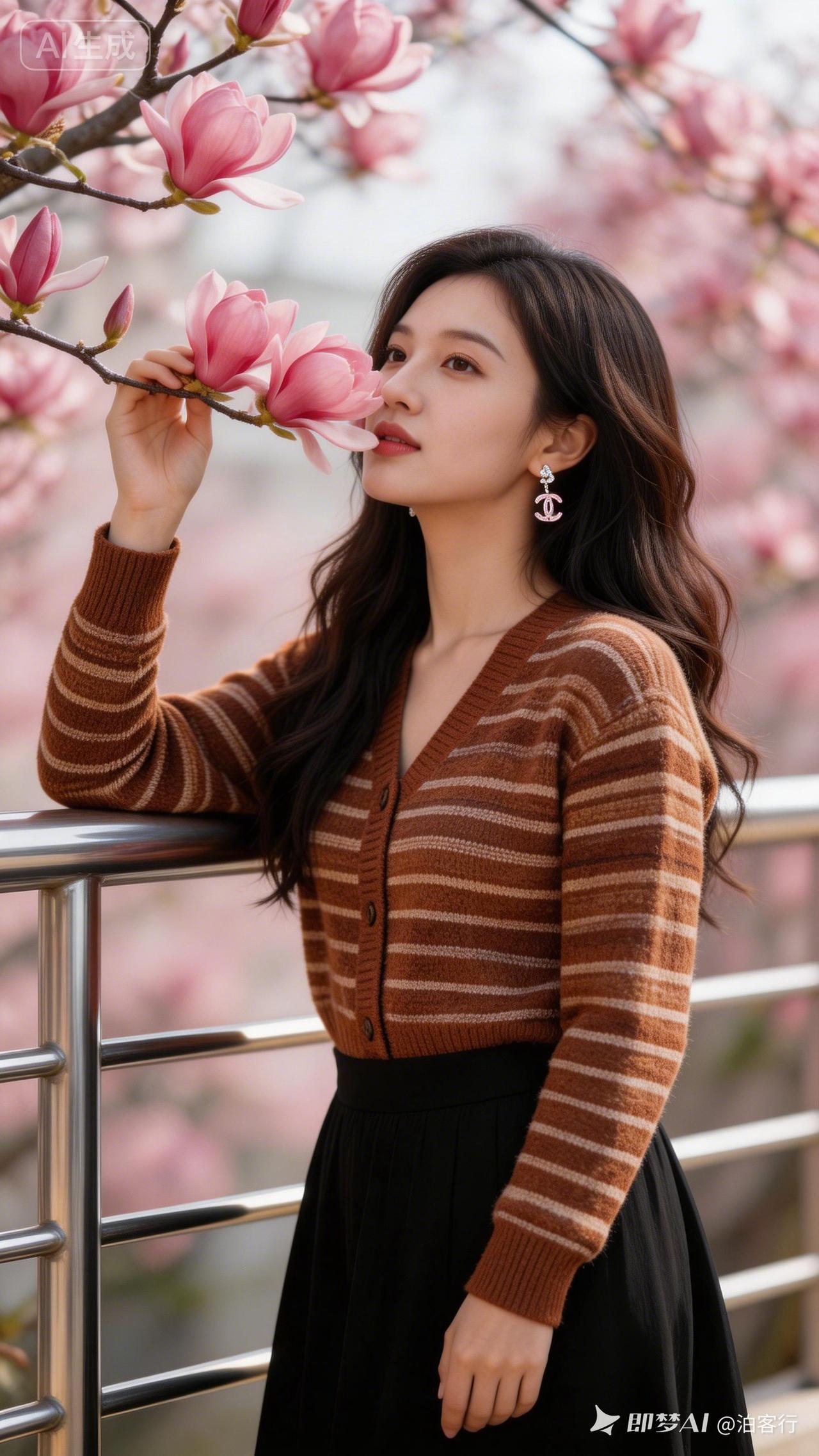 一位美女在花丛中闻花香。