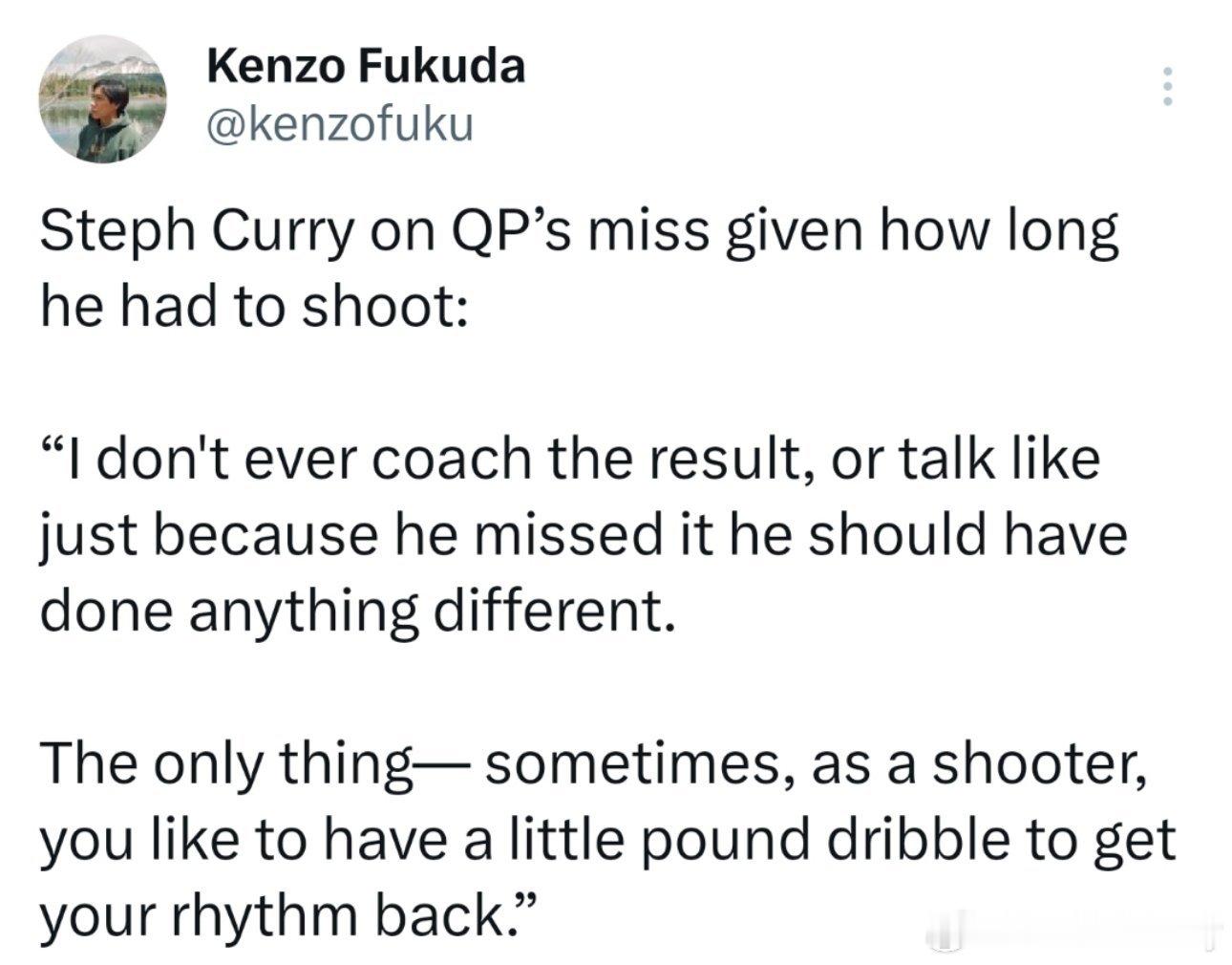 库里给波斯特最后的卡机三分表示建议：“我从不以结果为导向进行指导，也不会说他投丢