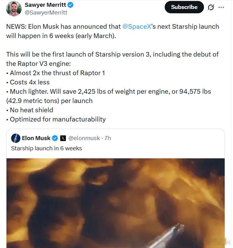 马斯克宣布，SpaceX的下一次星舰(Starship)发射将在6周后(3月
