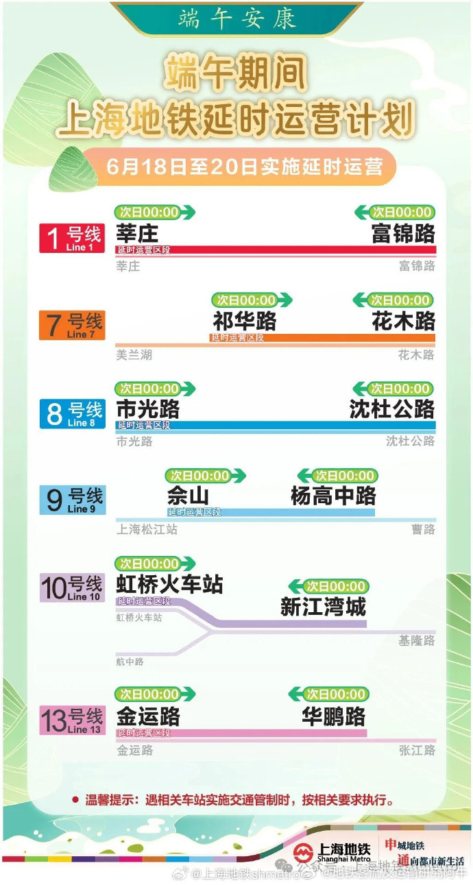 【上海地铁2026年端午】2026年6月18日至20日，上海地铁1、7、8、9