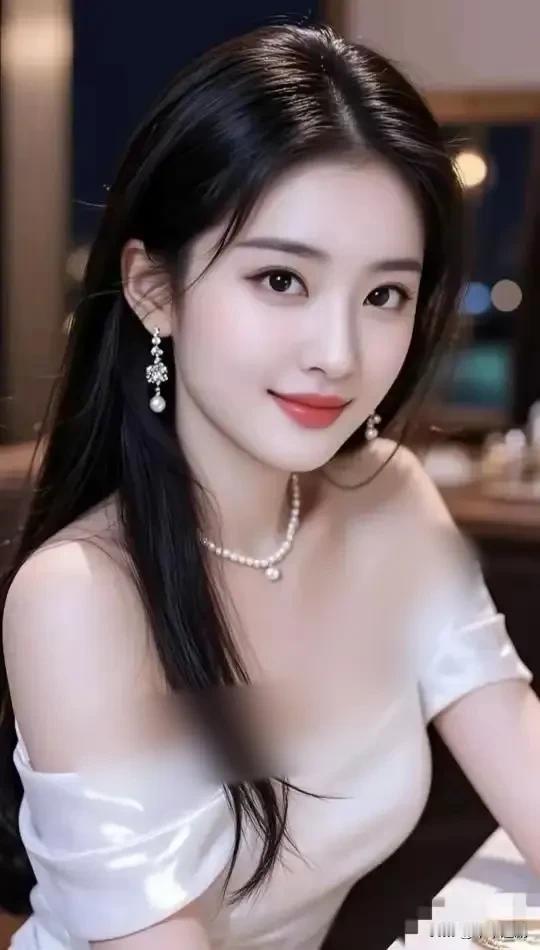 晚风中的珍珠耳坠轻晃，丝缎裙装衬着肩颈线条，笑意漫开时，夜色都温柔了几分。气质