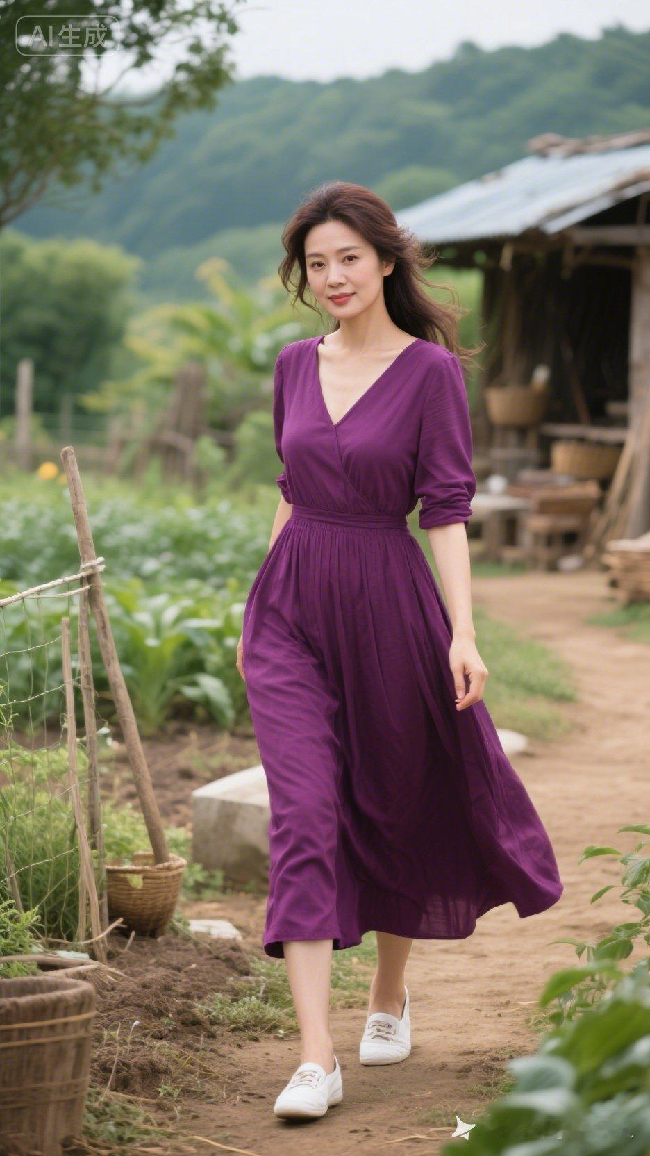 紫色长裙漫步在乡间小路上，自然与优雅并存。