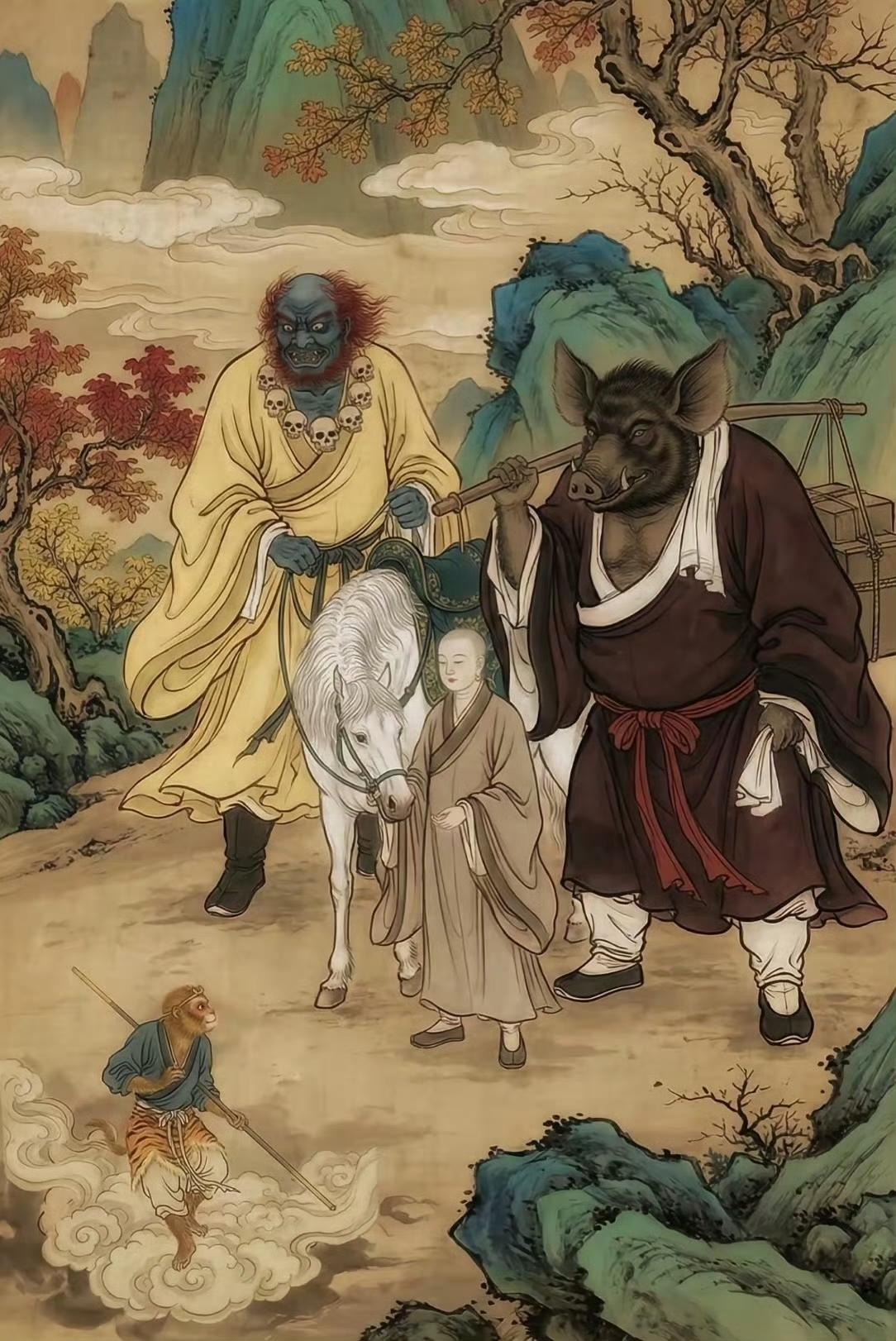 《西游记》原著中描写的唐僧、孙悟空、猪八戒和沙和尚师徒四人，动画片中的师徒四人，