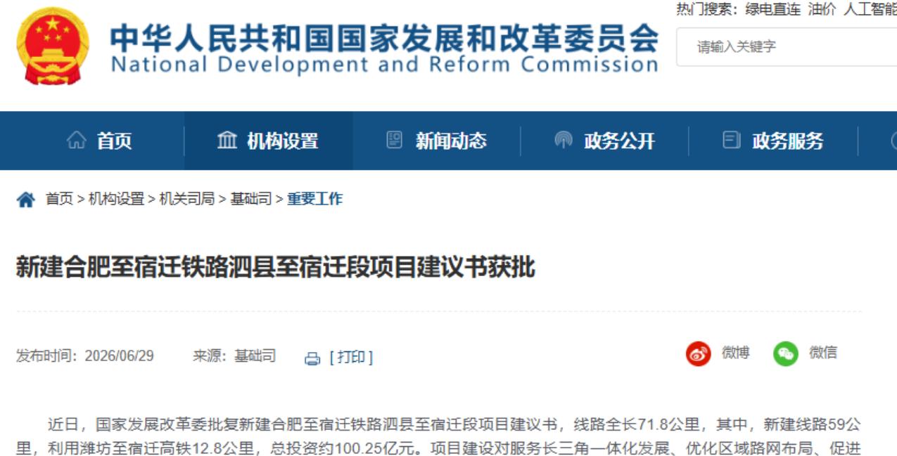 官宣了。2026年6月29日，国家发改委官网挂出一条消息——新建合肥至宿迁铁路泗