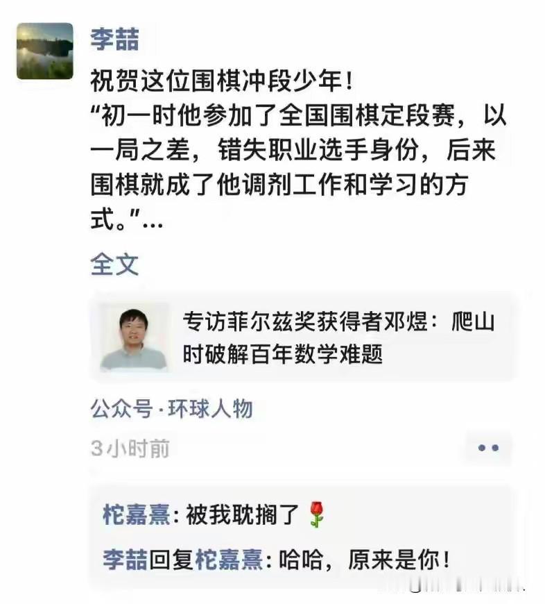 邓煜9岁围棋冲段仅差一局，被柁嘉熹阻击？可能是假的。真的是他在数学上获得最高奖。