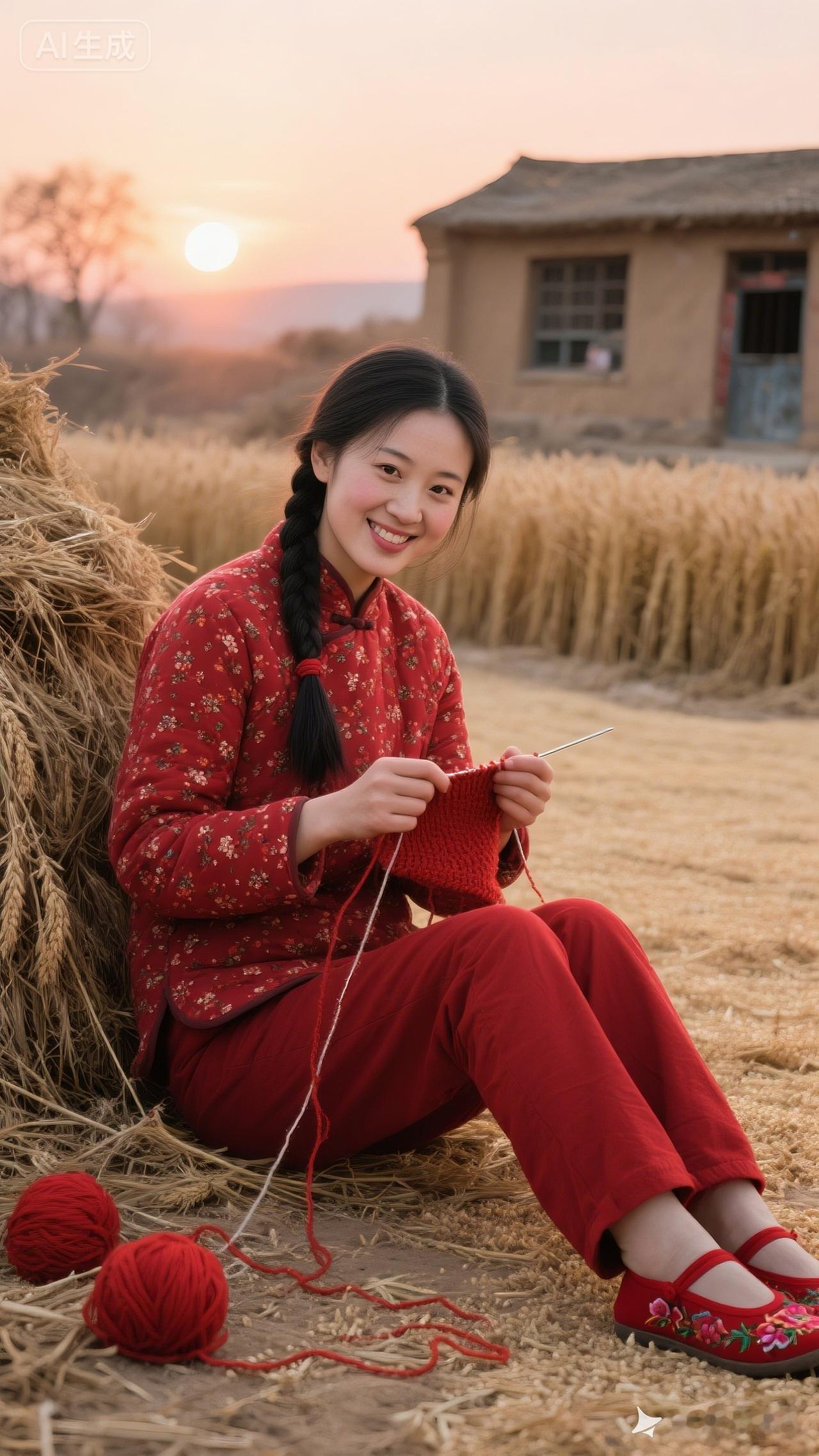 夕阳下的乡村生活，红衣少女编织温暖时光。