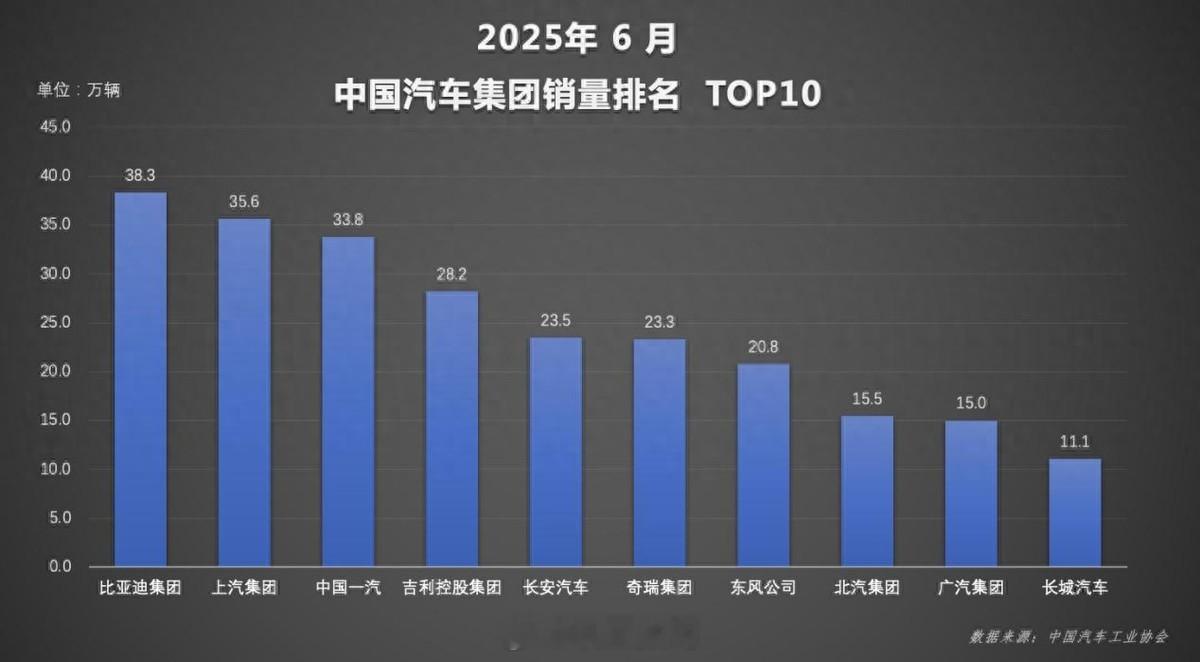 刚看了今年6月中国汽车市场集团销量TOP10以及品牌销量TOP10数据，比亚迪确