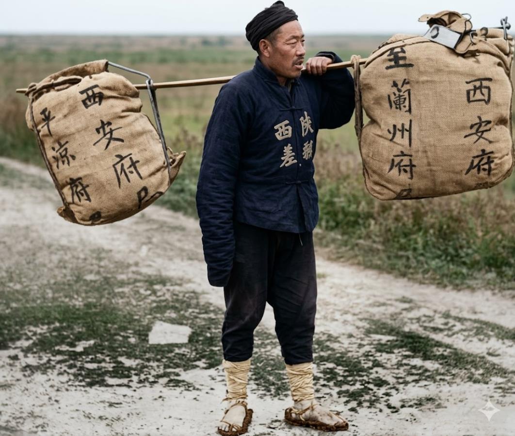 百年前陕甘古道上的邮差，扁担一头西安府，一头兰州府，千里陕甘长路全靠双脚丈量。