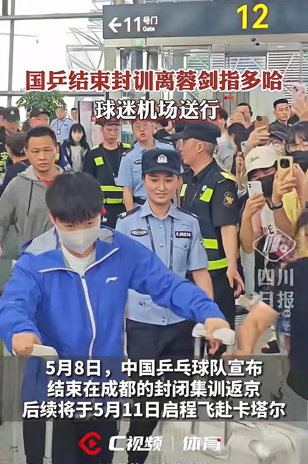 国乒队员回京了，莎莎还是穿着她的蓝色外套，大头走两步就回头看看，是不是怕我们莎莎