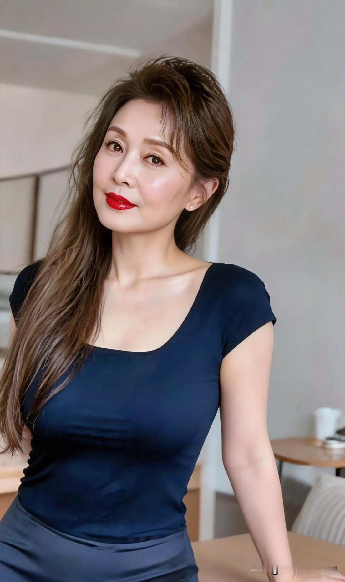 深蓝衣裙勾勒优雅曲线，红唇点缀温婉气质。发丝微扬间，从容自信的光芒静静绽放，尽显