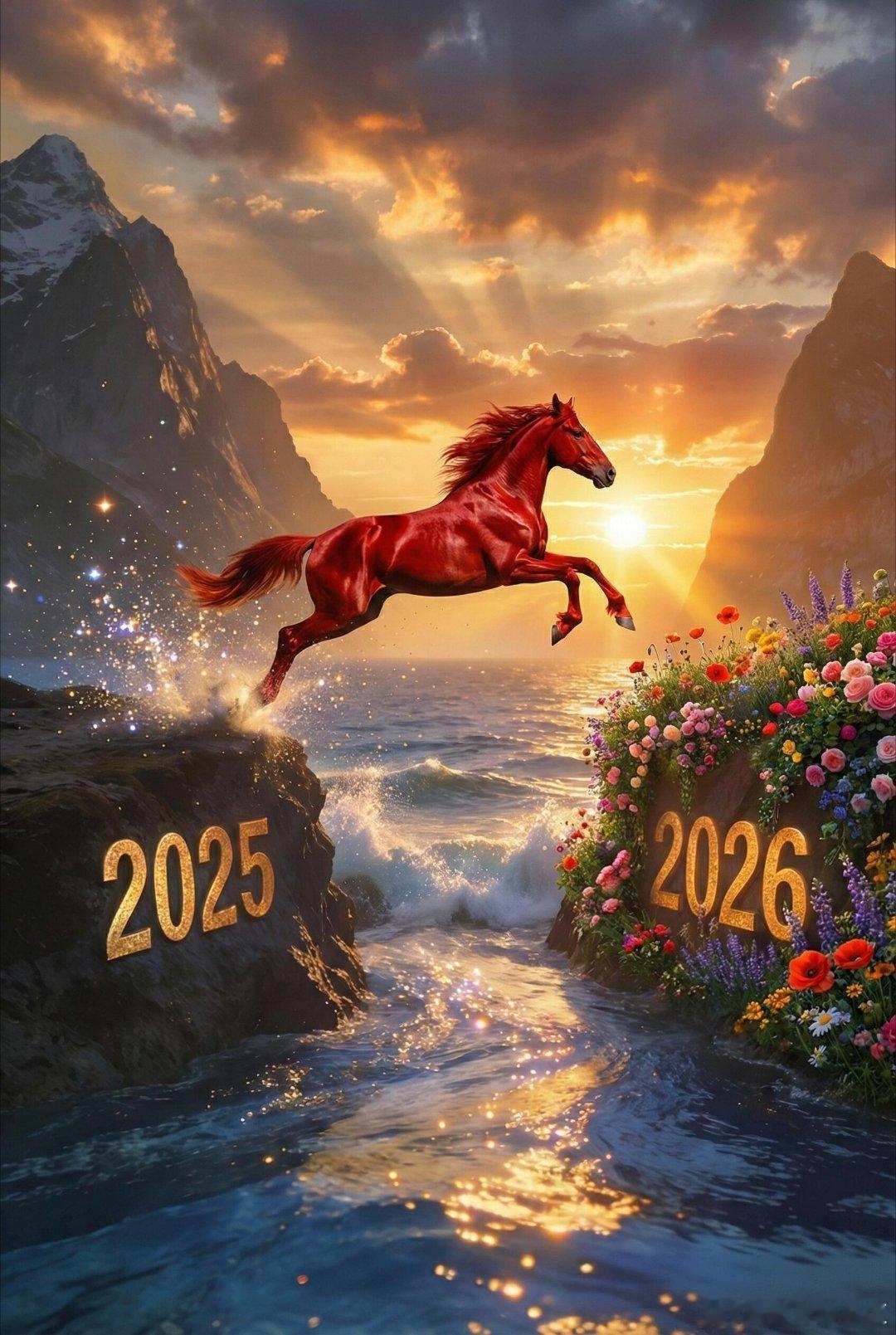 2026年，马到成功，元旦/新年创意图片《踏岁》赤马踏历出重昏，鬃卷天风一念奔。