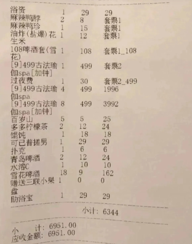 内蒙古赤峰市一男子去洗浴中心，一口气点了3名女技师，吃着花生米鸭脖鸭胗等美食